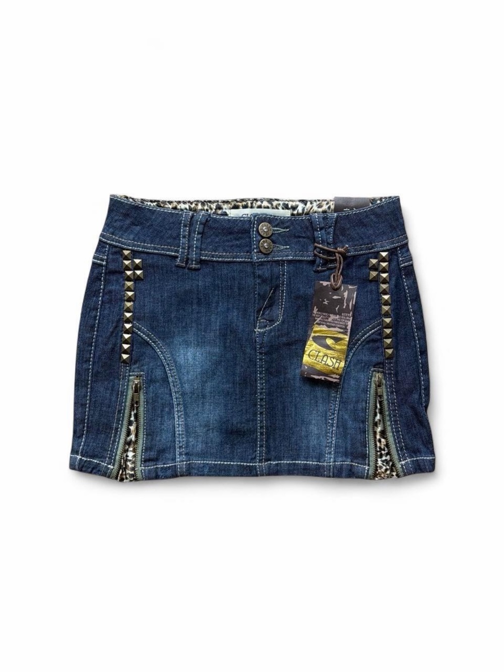 Vintage Y2K studded denim mini skirt zipper rhinestone S like diesel miss sixty - Picture 9 of 11